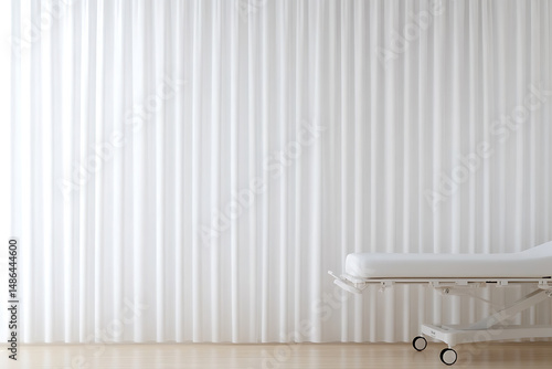 Wallpaper Mural Minimalist interior featuring a pristine examination table against a backdrop of sheer white curtains, bathed in soft, natural light. Tranquil and sterile. Torontodigital.ca