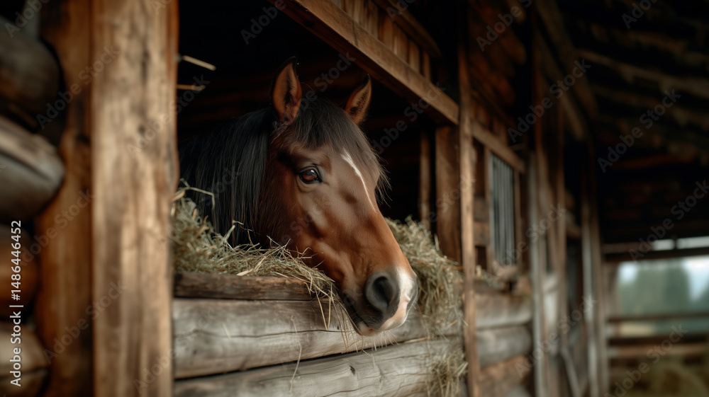Fototapeta premium Horse enjoys a peaceful moment munching on hay in a rustic stable