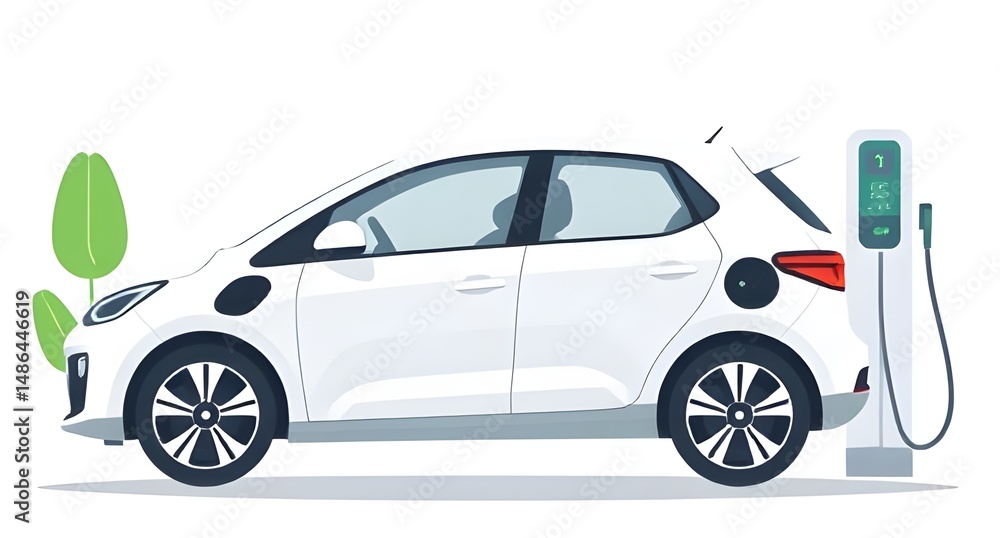 Naklejka premium White Electric Car Charging at Station with Green Sprout