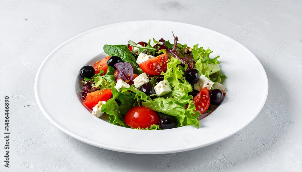 Fresh Salad Arrangement on a White Plate with Tomatoes Olives and Feta Cheese Fresh Salad Arrangement on a White Plate with Tomatoes Olives and Feta Cheese