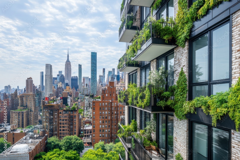 Fototapeta premium the exterior of an urban building in New York City with balconies that have greenery growing on them, showcasing sustainable design and living Generative AI