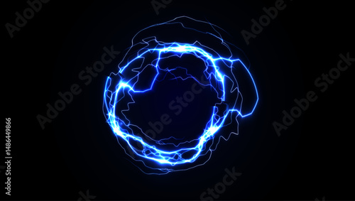 Electric Energy Circle with Glowing Blue Lightning Ring on Dark Background. Futuristic Tech Power Effect for Sci-Fi or Gaming Design. Vector Illustration.