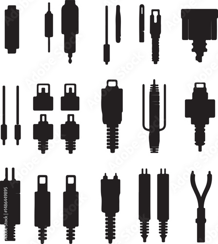 Silhouettes of Various Electrical Connectors: Black & White Vector Set