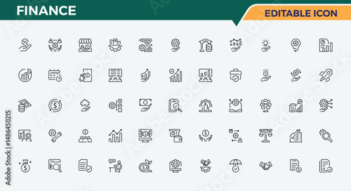 Finance icon set. Containing bank, banking, revenue, credit, business, earning, budget and more. Financial modern icon set. Minimalist vector collections. Editable stroke. Vector collection.