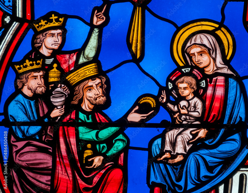 Stained glass (19th century) of Christmas Nativity Scene : Adoration of the Magi Stained glass (19th century) of Christmas Nativity Scene : Adoration of the Magi