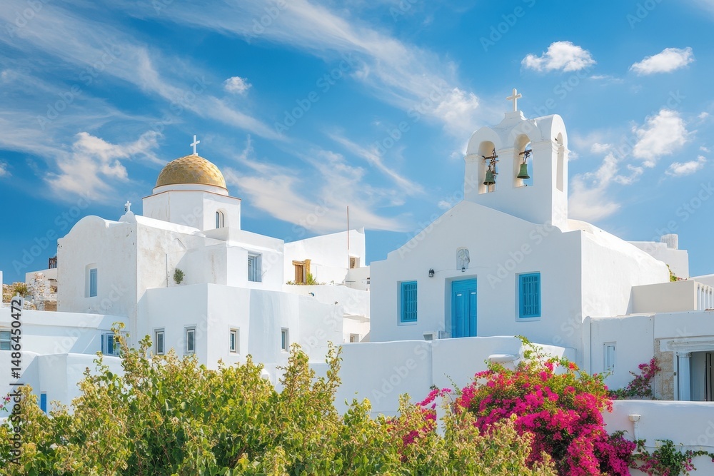 Obraz premium Charming white houses and a classic church of Paros island in the Cyclades under a clear sky, Greek houses and church of Paros island in Cyclades of Mediterranean sea Greece