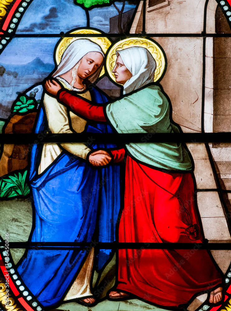 Obraz premium Stained glass (19th century) of Visitation of the Virgin Mary to her pregnant cousin Elizabeth.