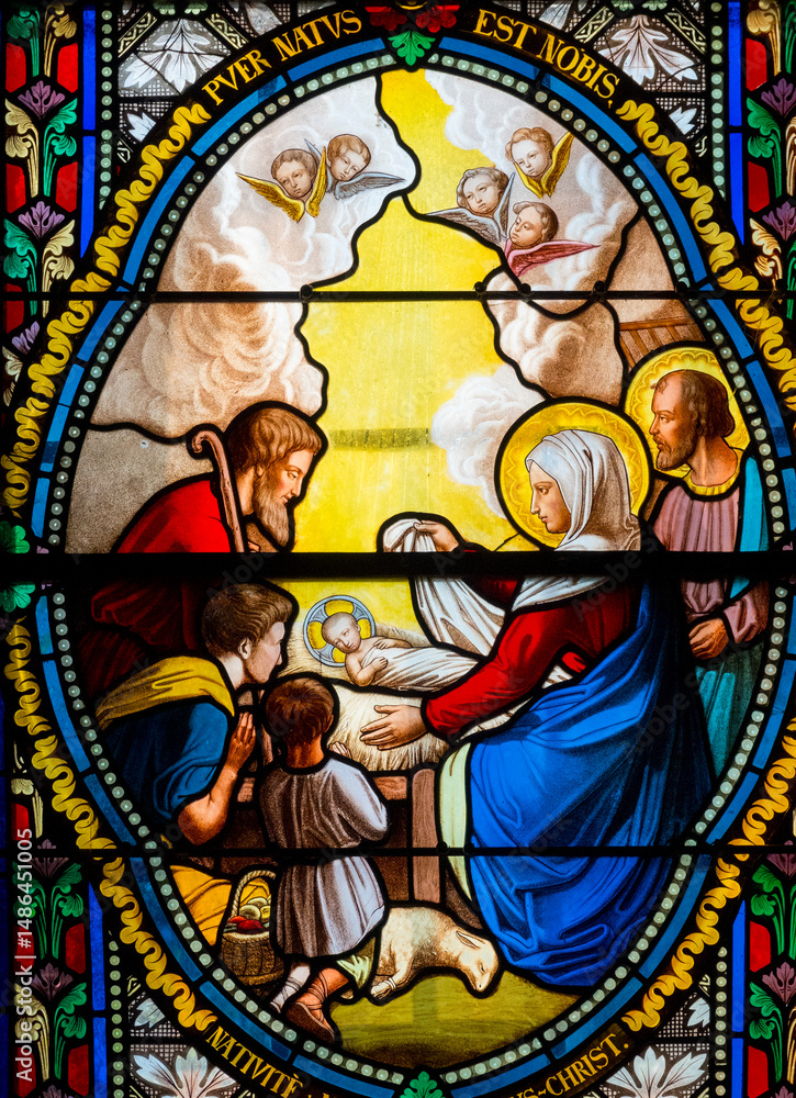 Stained glass (19th century) of Christmas Nativity Scene with Virgin Mary, Saint Joseph, and Jesus baby. Stained glass (19th century) of Christmas Nativity Scene with Virgin Mary, Saint Joseph, and Jesus baby.