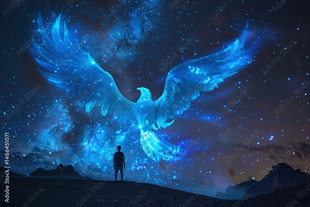 Fototapeta premium Silhouette of Person Gazing at a Celestial Blue Phoenix in a Desert Night Landscape Varient 3