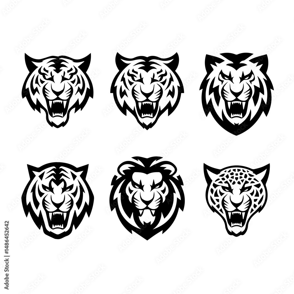 Set of six black-and-white vector emblems featuring stylized lion and tiger heads in various fierce and symmetrical expressions, ideal for logos or mascot designs. Set of six black-and-white vector emblems featuring stylized lion and tiger heads in various fierce and symmetrical expressions, ideal for logos or mascot designs.