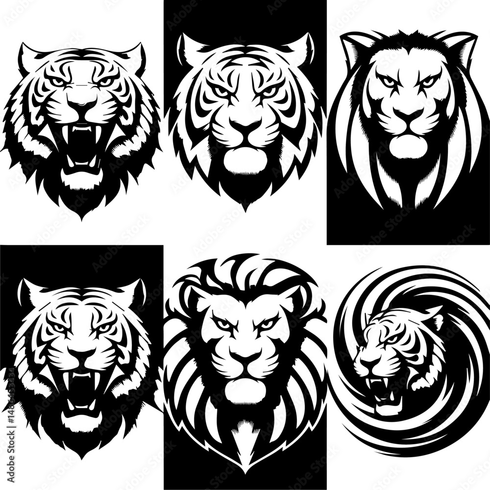 Set of six black-and-white vector emblems featuring stylized lion and tiger heads in various fierce and symmetrical expressions, ideal for logos or mascot designs. Set of six black-and-white vector emblems featuring stylized lion and tiger heads in various fierce and symmetrical expressions, ideal for logos or mascot designs.