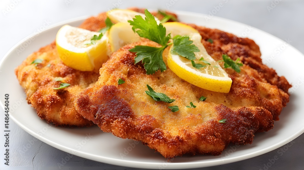 Tantalizing fried schnitzel topped with fresh lemon slices and vibrant parsley on a white plate. Tantalizing fried schnitzel topped with fresh lemon slices and vibrant parsley on a white plate.