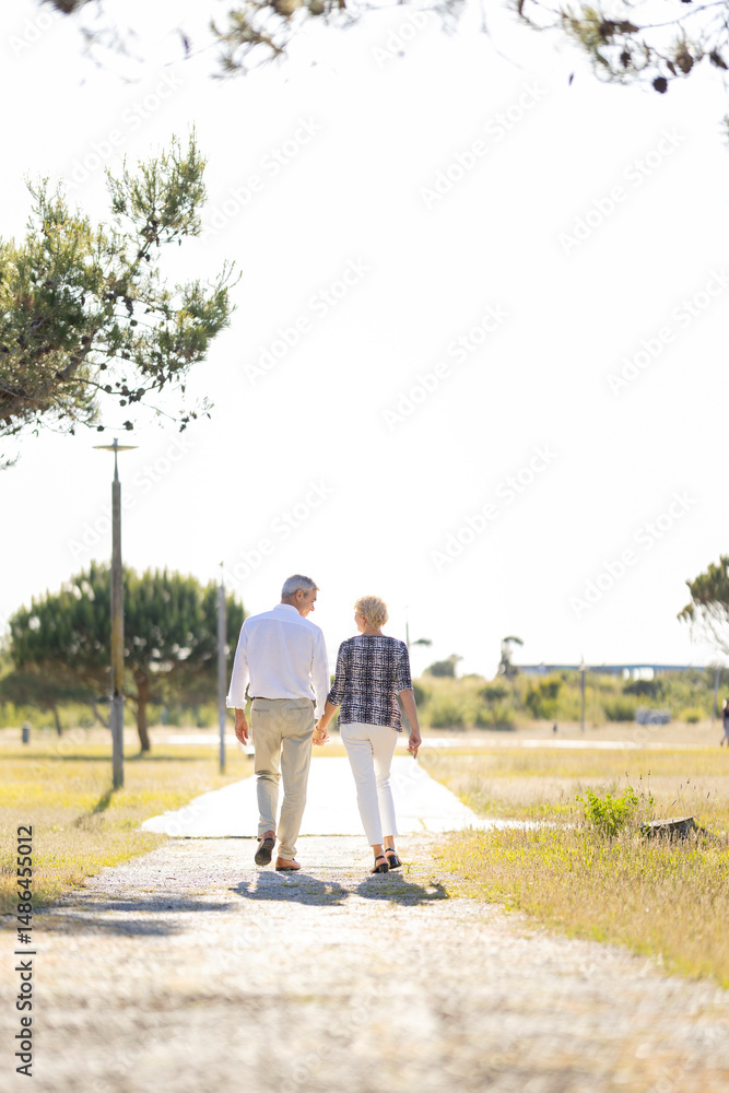 Fototapeta premium Senior couple holding hands walking on path in a park