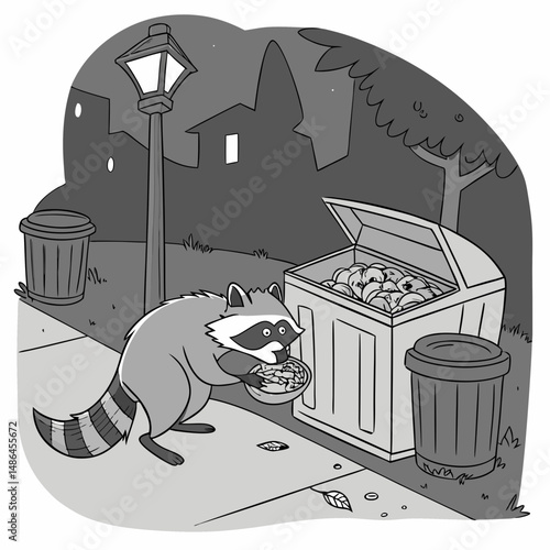 illustration of a raccoon in the trash can