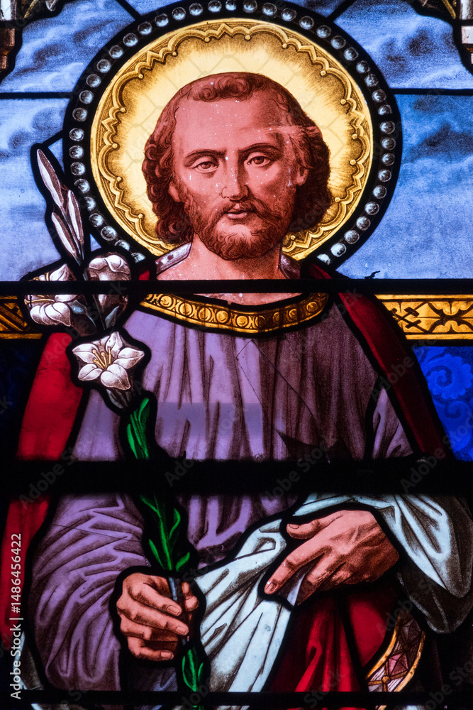 Naklejka premium Stained glass (19th century) of Saint Joseph the Carpenter, father of Jesus.