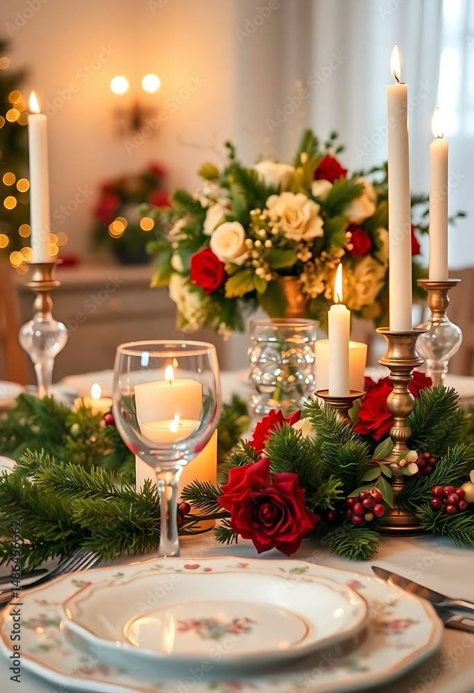 Fototapeta premium christmas table setting with candles and flowers