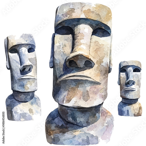watercolor of Easter Island Moai Statues, vector high quality, isolated on a white background.