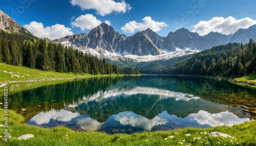 Lake Reflection of Mountains and Lush Forest