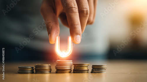 Using a glowing magnet to attract coins: financial investment, wealth creation, and magnetic attraction of money and prosperity.