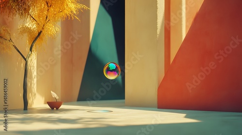 Fototapeta Naklejka Na Ścianę i Meble -  Surreal Bubble Floating in Minimalist Abstract Room with Plant