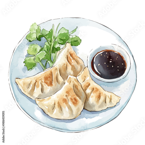 Dumplings With Soy Sauce Dip, watercolor illustration vector, high quality, isolated on a white background.