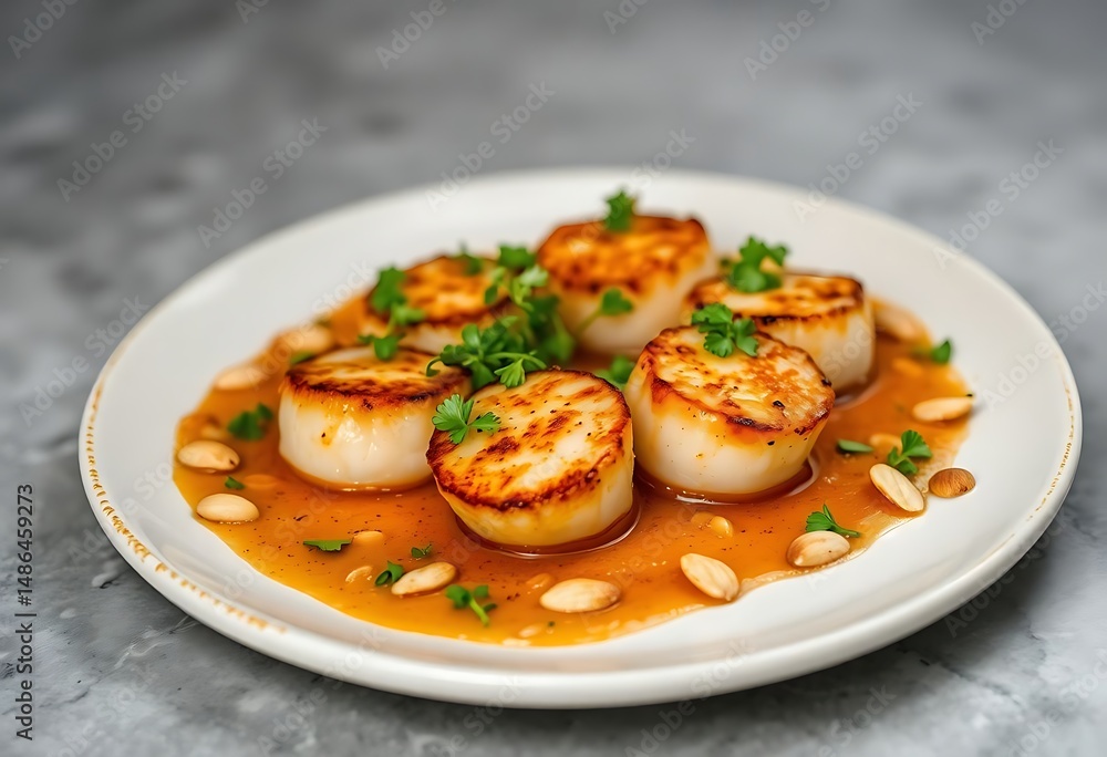 white plate topped with scallops covered in sauce white plate topped with scallops covered in sauce