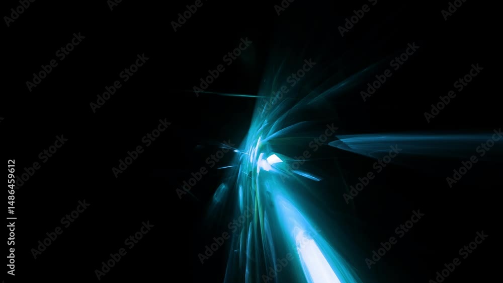 energiegeladene leuchtende Teilchen die Richtung Bildmitte gleiten, Leuchtende glühend blaue Teilchenströme, Internet, Daten, künstliche Intelligenz, Forschung, Wissenschaft, Technologie, schwarz