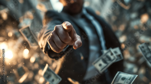 Money and Power: An individual points directly at the viewer amidst falling currency, symbolizing wealth and influence.