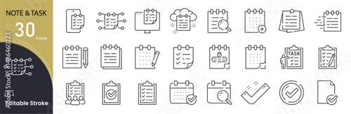 Note and Task related icon collections. Containing Note, Task, Checklist, Reminder, To-Do, Clipboard, Calendar, Plan, Schedule, and Organizer icons. Editable Stroke icon collection Outline icon.