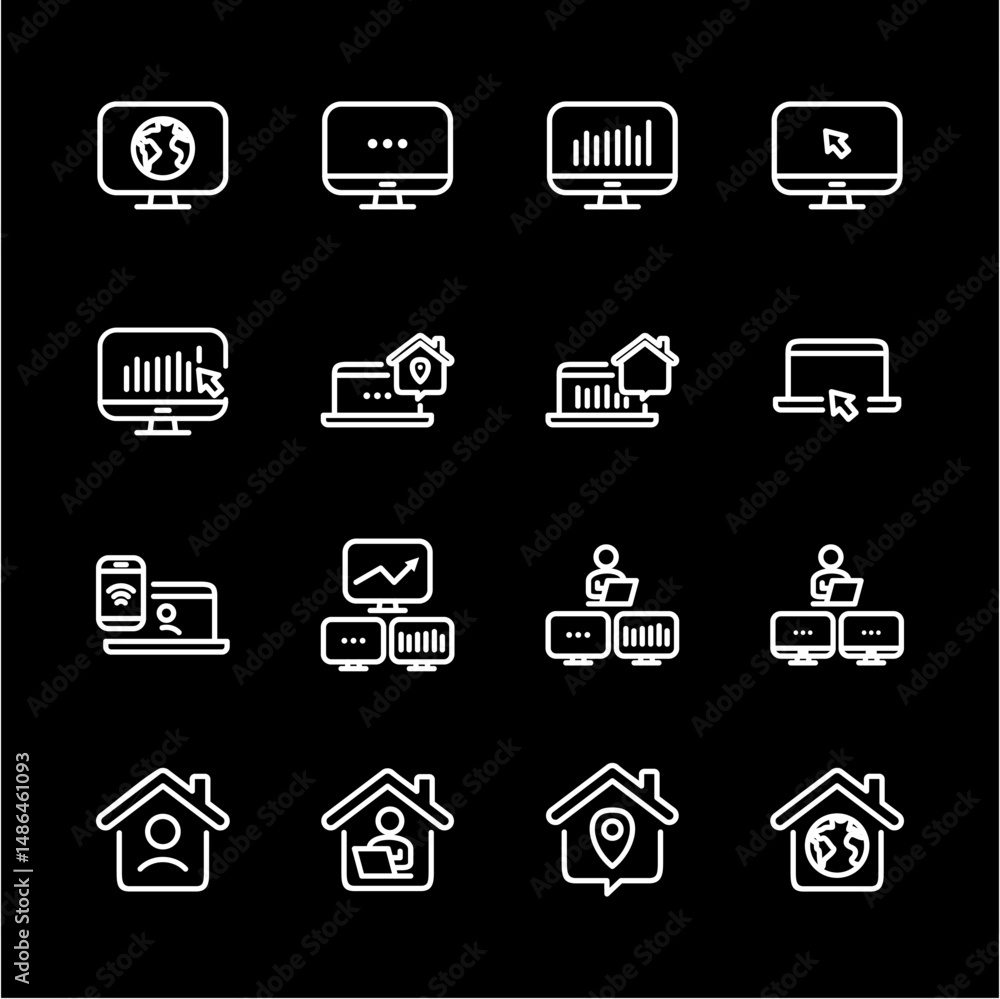 Remote Work Line Icons . Freelancer Work from Home, Video Call, Online Meeting, Teleconference Vector Set Remote Work Line Icons . Freelancer Work from Home, Video Call, Online Meeting, Teleconference Vector Set