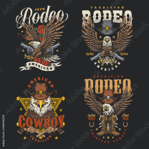 Classic rodeo and cowboy designs shown