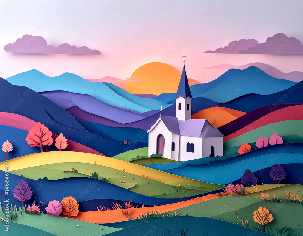 Naklejka premium Abstract Country Church on a Hillside Featuring Layered Paper Art