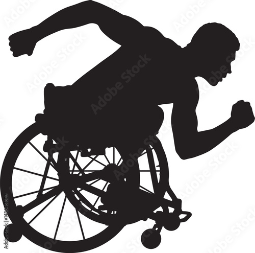 Powerful Silhouette of a Wheelchair Racer Dynamically Pushing Forward during a Competition