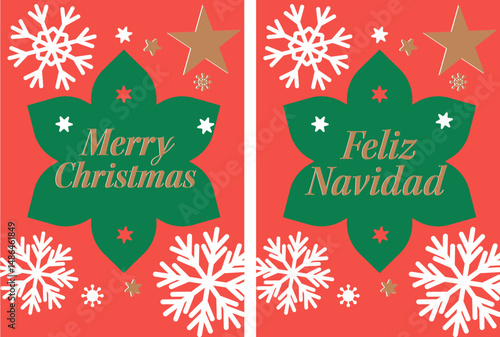 Festive Christmas Cards featuring Merry Christmas and Feliz Navidad greetings with snowflakes and stars design