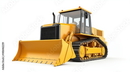 Bright yellow bulldozer heavy construction machine isolated on clean white background