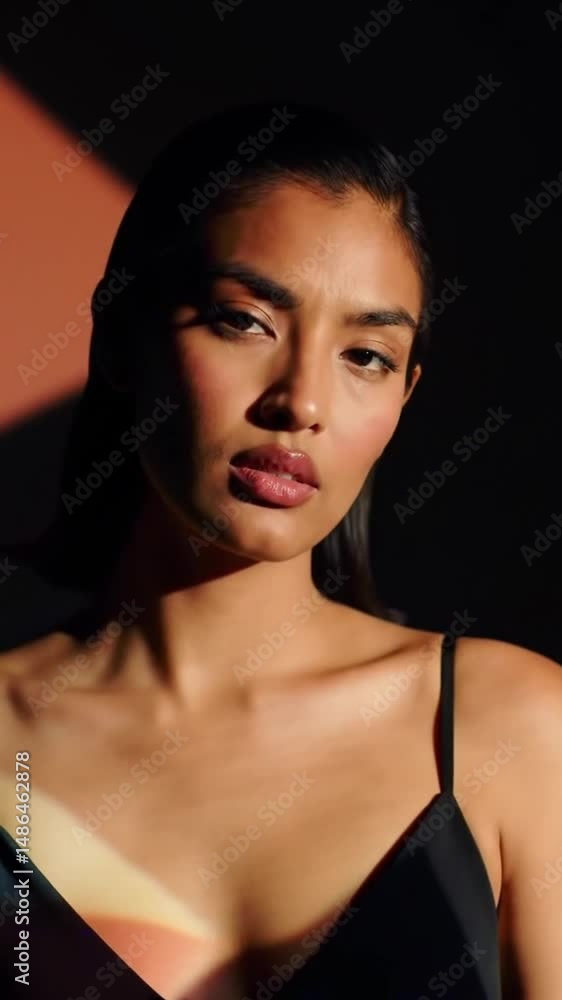 Model with straight hair posing in soft light against shadows Model with straight hair posing in soft light against shadows