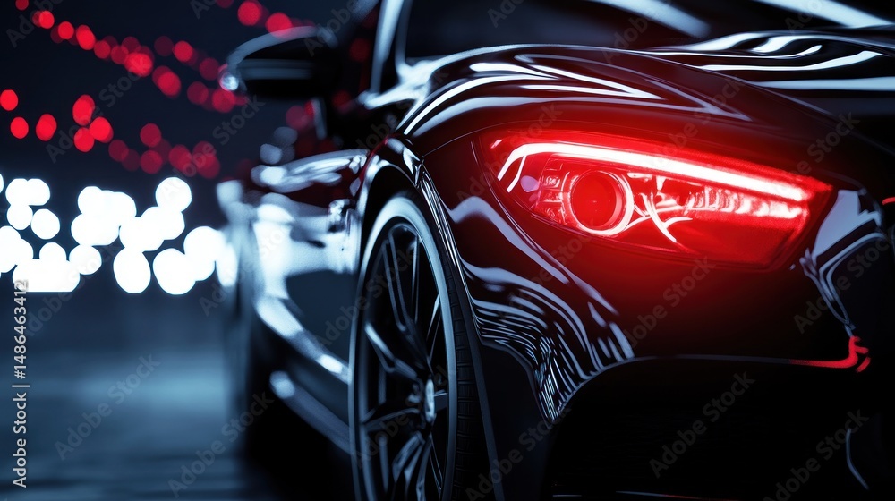 Fototapeta premium Luxury Black Sports Car Headlight Closeup Night Photography