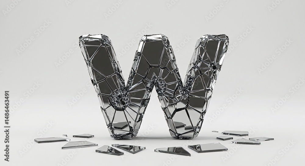 Obraz premium Cracked and Fragmented Chrome Metal Letter W on Isolated White Background Modern Art