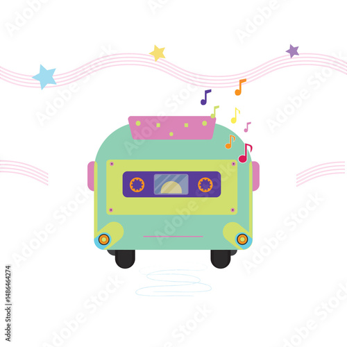 Playful vector illustration of a retro cassette transformed into a colorful mini bus, combining vintage audio charm with imaginative transport design, perfect for pop art and kids decor.