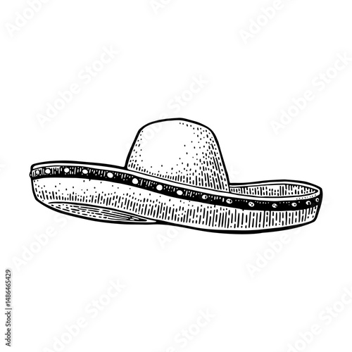 Sombrero. Vintage black engraving illustration. Isolated on white background. Hand drawn design element for label and poster