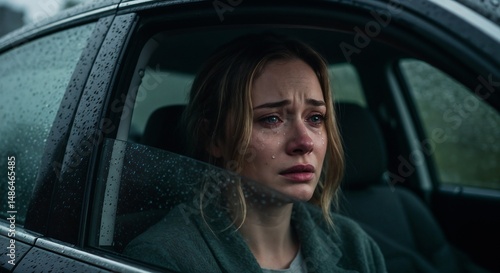 Young woman sitting in car crying during rain