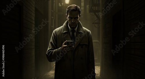 Man looking at smartphone while standing in dimly lit alleyway  