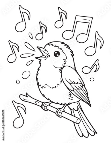 Singing Bird on a Branch with Musical Notes – Black and White Line Art