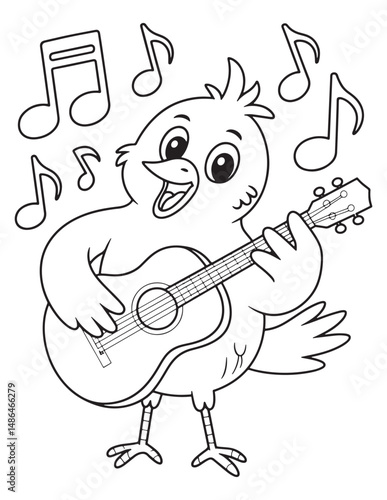 Cute Cartoon Bird Playing Guitar with Musical Notes – Coloring Page