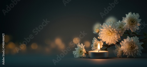 White asters with burning candle on dark background, solemn funeral atmosphere