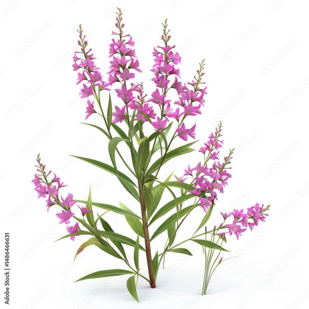 Vivid pink flowers in a lush botanical illustration.