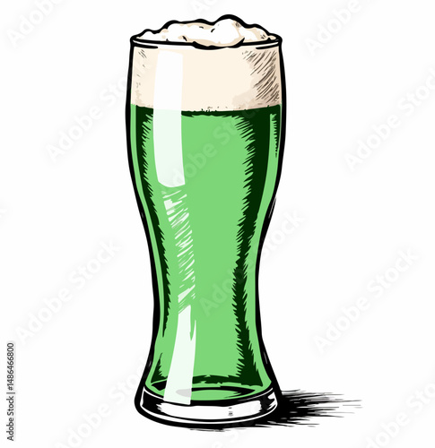 Green beer in a tall glass with foam on top  