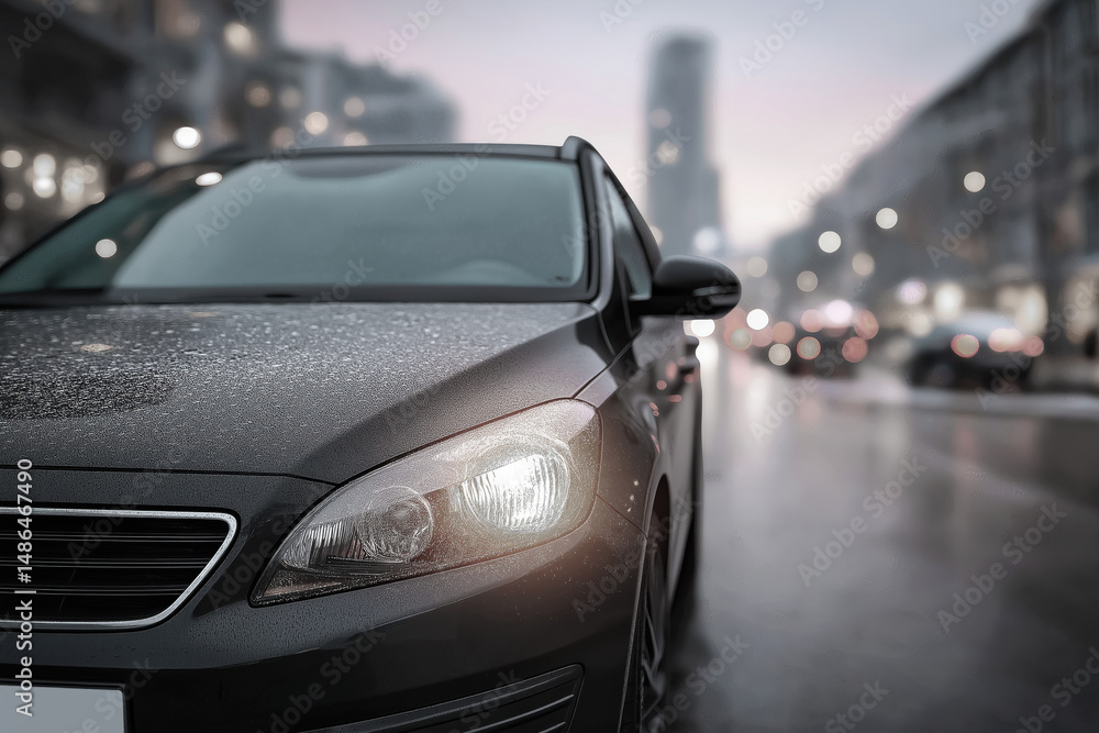 Dark sedan parked on a wet street, illuminated by city lights, showcasing reflections on the pavement, creating a moody urban atmosphere during a rainy evening Dark sedan parked on a wet street, illuminated by city lights, showcasing reflections on the pavement, creating a moody urban atmosphere during a rainy evening