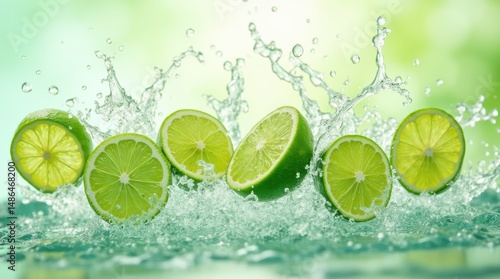 Dynamic splash of crystal-clear water with fresh sliced limes in mid-air, vibrant green colors, droplets frozen in motion, refreshing and energetic scene.