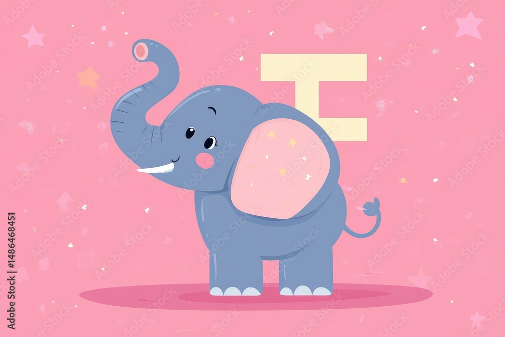 Fototapeta premium flashcard with letter E, excited elephant, flat vector, bright color palette